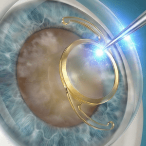 Eye surgery with implant and laser tool.